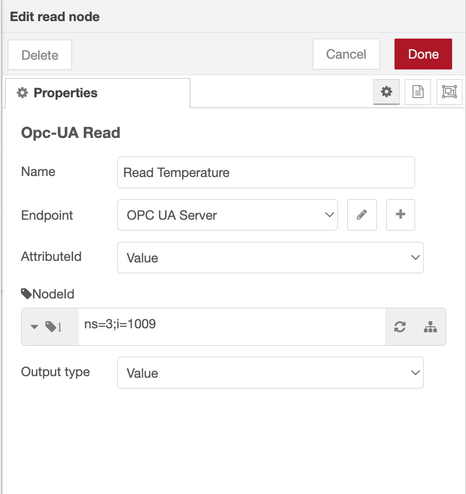 Opcua read node config